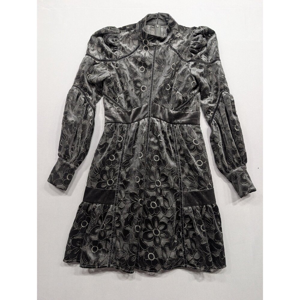 Ted Baker London Floral Velvet Mini Dress Black Silver Sz 1